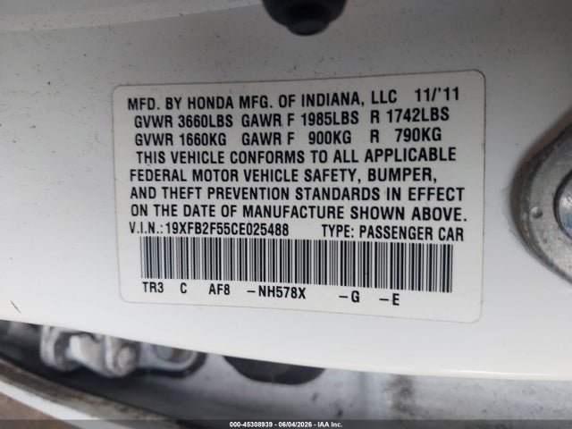 45308939 :رقم المزاد ، 19XFB2F55CE025488 vin ، 2012 Honda Civic Lx مزاد بيع