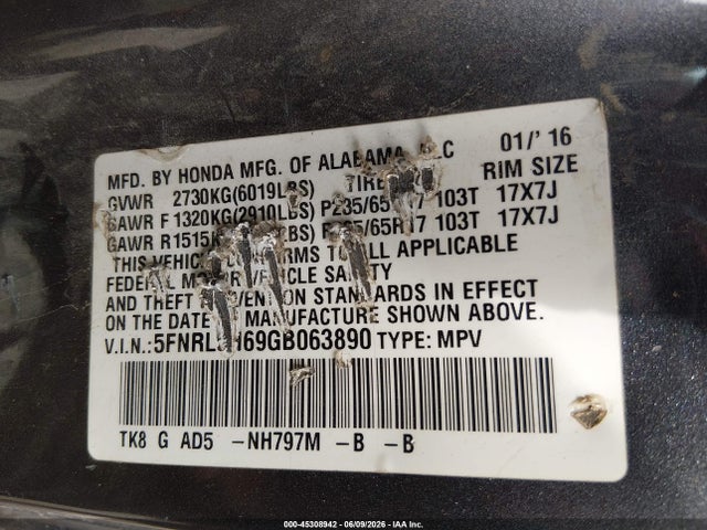 Honda Odyssey Ex-l 2016 5FNRL5H69GB063890 Image 9