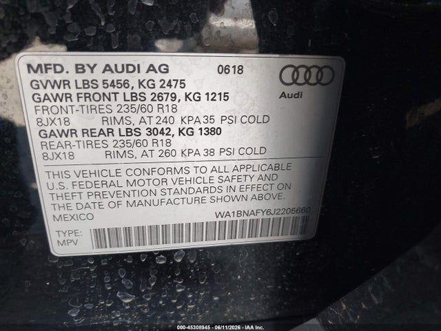 Aukcja sprzedaży 2018 Audi Q5 2.0t Premium/2.0t Tech Premium, vin: WA1BNAFY6J2205660, numer aukcji: 45308945
