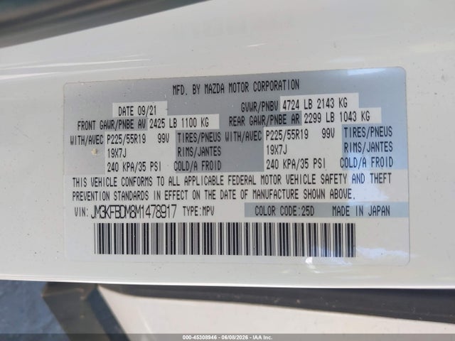 45308946 :رقم المزاد ، JM3KFBDM8M1478917 vin ، 2021 Mazda Cx-5 Grand Touring مزاد بيع