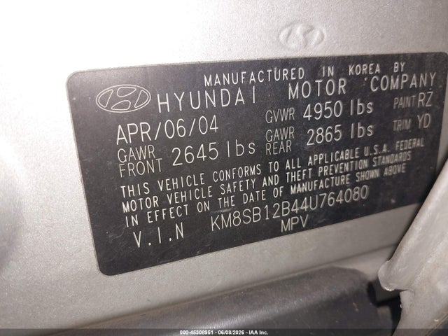 Aukcja sprzedaży 2004 Hyundai Santa Fe, vin: KM8SB12B44U764080, numer aukcji: 45308951