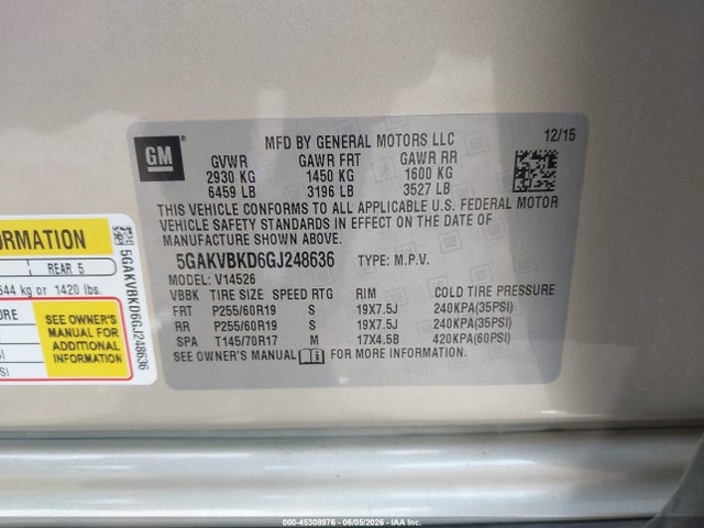Aukcja sprzedaży 2016 Buick Enclave Leather, vin: 5GAKVBKD6GJ248636, numer aukcji: 45308976