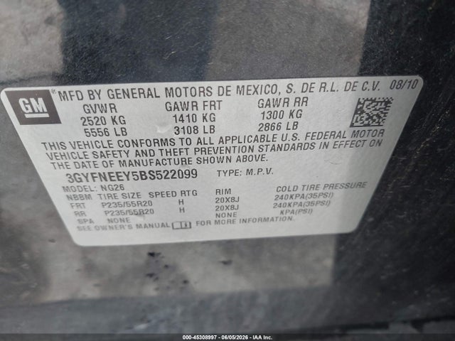 45308997 :رقم المزاد ، 3GYFNEEY5BS522099 vin ، 2011 Cadillac Srx Performance Collection مزاد بيع