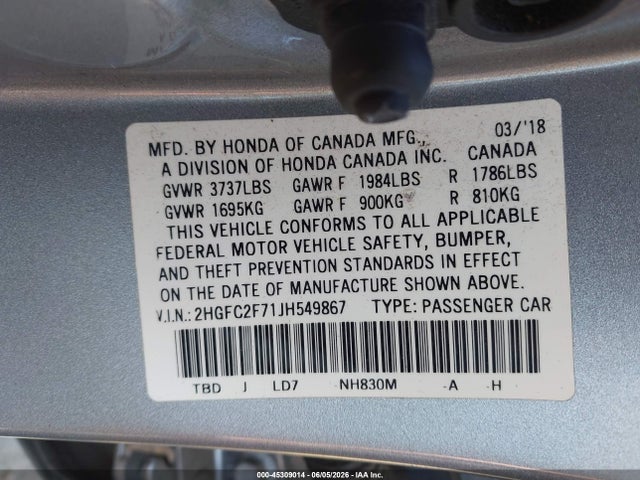 45309014 :رقم المزاد ، 2HGFC2F71JH549867 vin ، 2018 Honda Civic Ex مزاد بيع