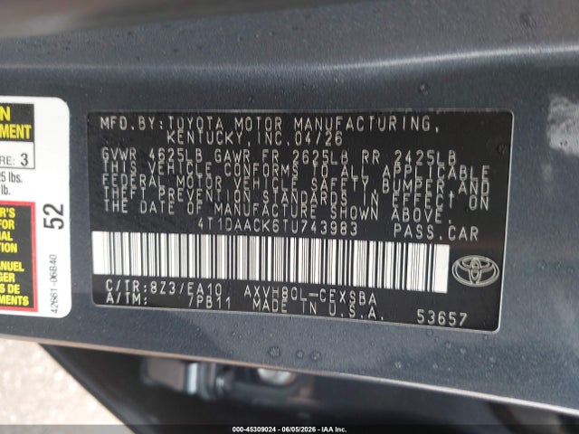 45309024 :رقم المزاد ، 4T1DAACK6TU743983 vin ، 2026 Toyota Camry Se مزاد بيع