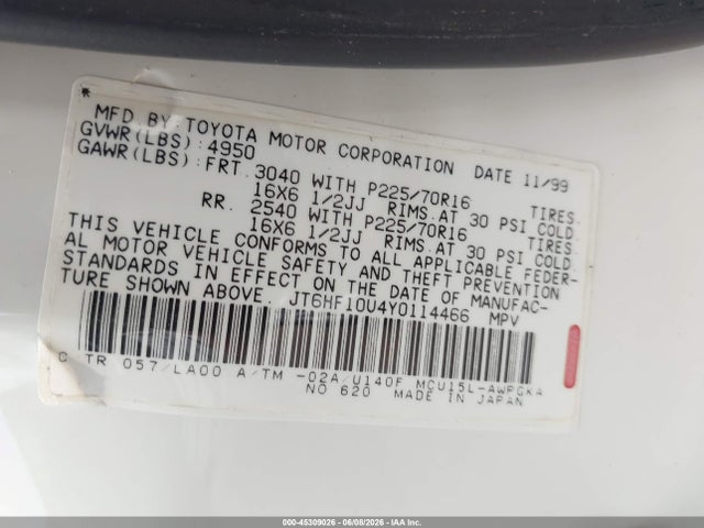45309026 :رقم المزاد ، JT6HF10U4Y0114466 vin ، 2000 Lexus Rx 300 مزاد بيع