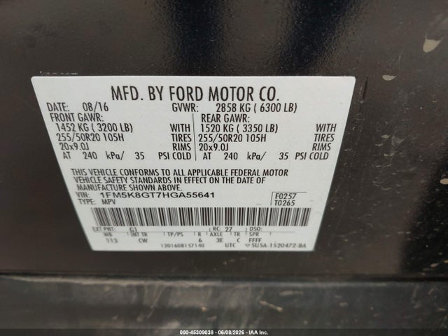 45309038 :رقم المزاد ، 1FM5K8GT7HGA55641 vin ، 2017 Ford Explorer Sport مزاد بيع