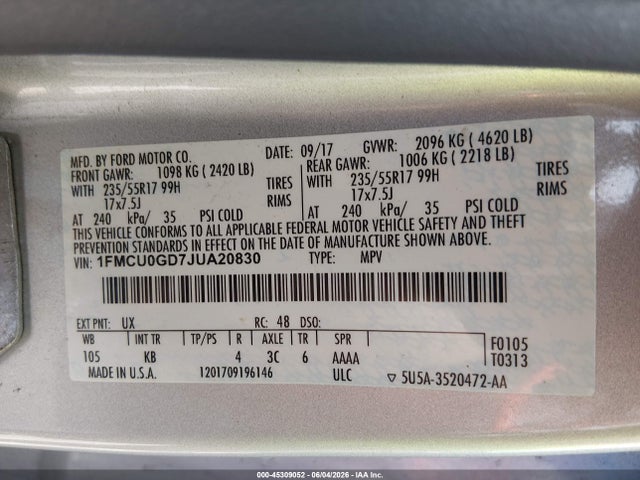 45309052 :رقم المزاد ، 1FMCU0GD7JUA20830 vin ، 2018 Ford Escape Se مزاد بيع
