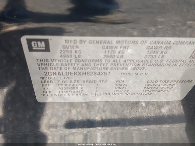 Продажа на аукционе авто 2017 Chevrolet Equinox Premier, vin: 2GNALDEKXH6234251, номер лота: 45309054