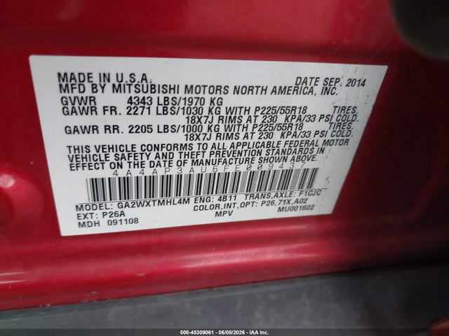 45309061 :رقم المزاد ، 4A4AP3AU6FE009437 vin ، 2015 Mitsubishi Outlander Sport Es مزاد بيع