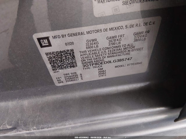 2020 Gmc Sierra 1500 2wd  Short Box Slt მანქანა იყიდება აუქციონზე, vin: 3GTP8DED0LG385747, აუქციონის ნომერი: 45309062