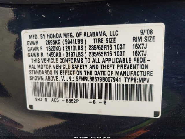 Aukcja sprzedaży 2009 Honda Odyssey Ex-l, vin: 5FNRL38679B007941, numer aukcji: 45309067
