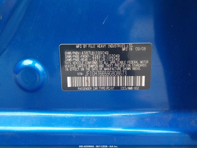 Продаж на аукціоні авто 2009 Subaru Impreza Wrx, vin: JF1GH76659G808673, номер лоту: 45309068