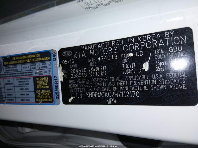 Aukcja sprzedaży 2017 Kia Sportage Lx, vin: KNDPMCAC2H7112170, numer aukcji: 45309072