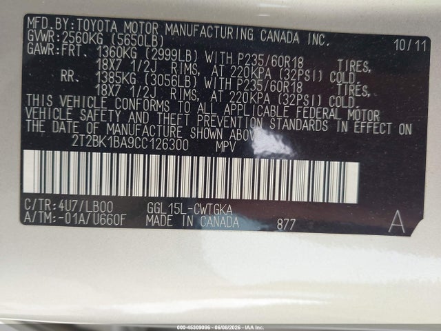 45309086 :رقم المزاد ، 2T2BK1BA9CC126300 vin ، 2012 Lexus Rx 350 مزاد بيع