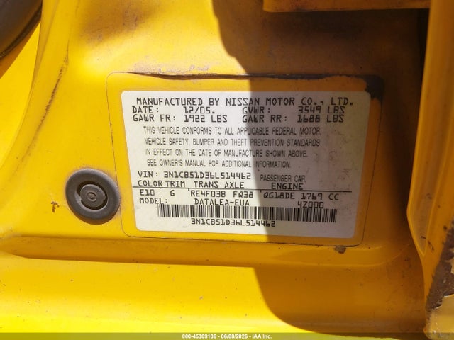 45309106 :رقم المزاد ، 3N1CB51D36L514462 vin ، 2006 Nissan Sentra 1.8s مزاد بيع