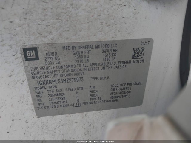 Продаж на аукціоні авто 2017 Gmc Acadia Denali, vin: 1GKKNPLS3HZ279973, номер лоту: 45309114