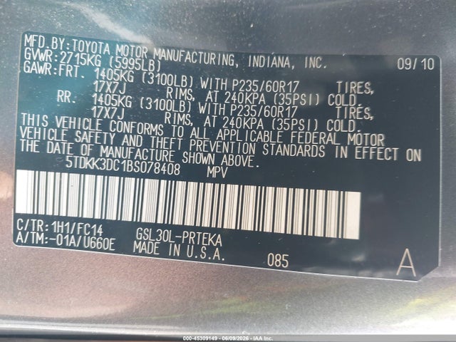 Aukcja sprzedaży 2011 Toyota Sienna Le V6, vin: 5TDKK3DC1BS078408, numer aukcji: 45309149