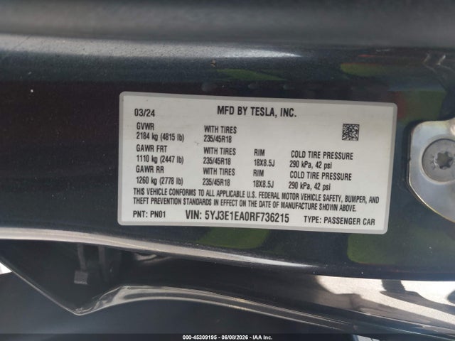 Aukcja sprzedaży 2024 Tesla Model 3 Long Range Dual Motor All-wheel Drive/rear-wheel Drive, vin: 5YJ3E1EA0RF736215, numer aukcji: 45309195