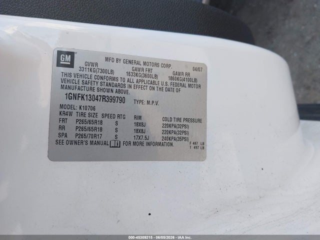 Продаж на аукціоні авто 2007 Chevrolet Tahoe Lt, vin: 1GNFK13047R399790, номер лоту: 45309215