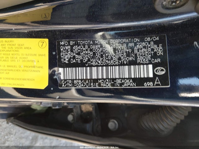 Aukcja sprzedaży 2005 Lexus Es 330, vin: JTHBA30G755067191, numer aukcji: 45309217