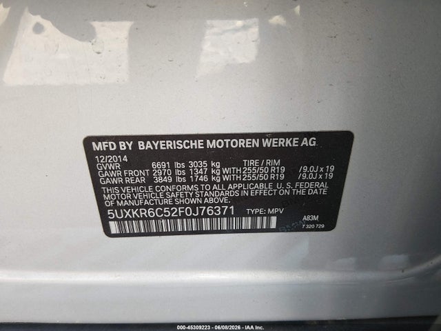 45309223 :رقم المزاد ، 5UXKR6C52F0J76371 vin ، 2015 Bmw X5 Xdrive50i مزاد بيع