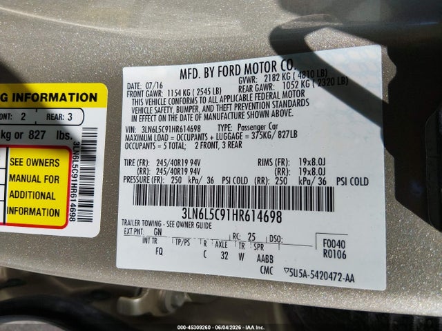 Продаж на аукціоні авто 2017 Lincoln Mkz Select, vin: 3LN6L5C91HR614698, номер лоту: 45309260