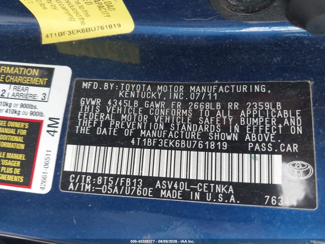 2011 Toyota Camry Le მანქანა იყიდება აუქციონზე, vin: 4T1BF3EK6BU761819, აუქციონის ნომერი: 45309277