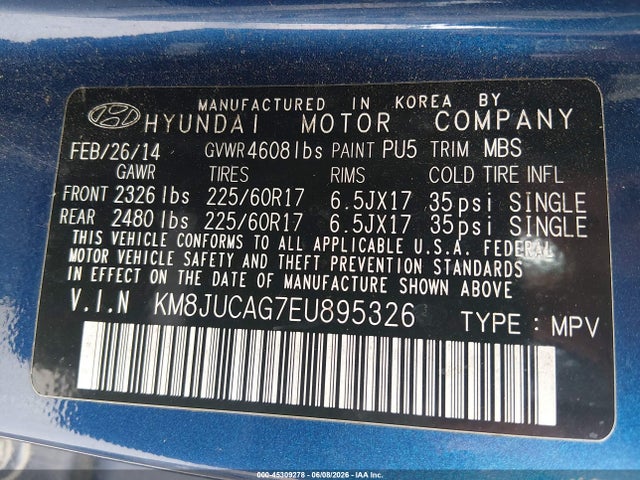 2014 Hyundai Tucson Se მანქანა იყიდება აუქციონზე, vin: KM8JUCAG7EU895326, აუქციონის ნომერი: 45309278