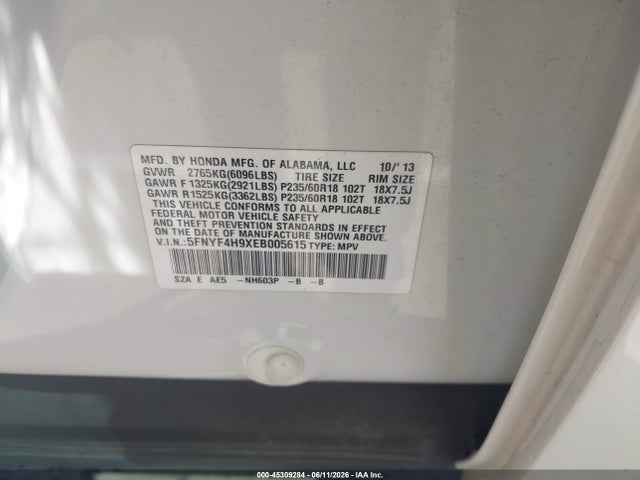 Honda Pilot Touring 2014 5FNYF4H9XEB005615 Image 9