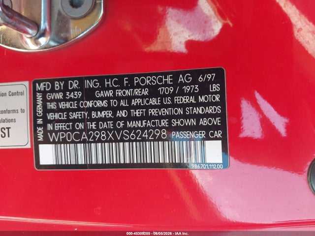 Продаж на аукціоні авто 1997 Porsche Boxster, vin: WP0CA298XVS624298, номер лоту: 45309285