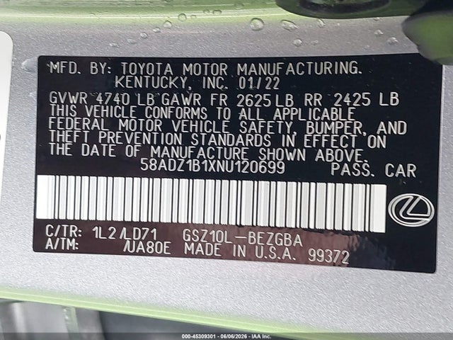45309301 :رقم المزاد ، 58ADZ1B1XNU120699 vin ، 2022 Lexus Es 350 مزاد بيع