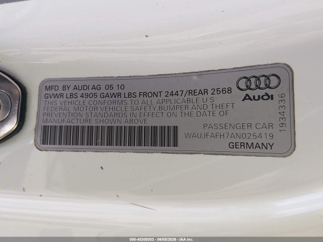 45309303 :رقم المزاد ، WAUJFAFH7AN025419 vin ، 2010 Audi A5 2.0t Premium مزاد بيع