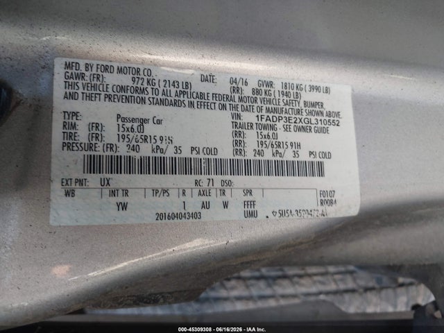 Ford FOCUS S 2016 1FADP3E2XGL310552 Image 9