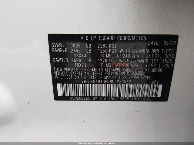 2022 Subaru Outback Touring Xt მანქანა იყიდება აუქციონზე, vin: 4S4BTGPD9N3283582, აუქციონის ნომერი: 45309327