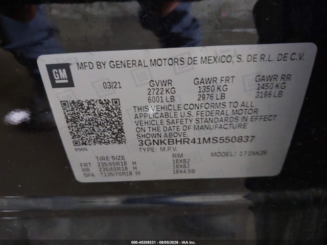 3GNKBHR41MS550837 Chevrolet Blazer Awd 2lt