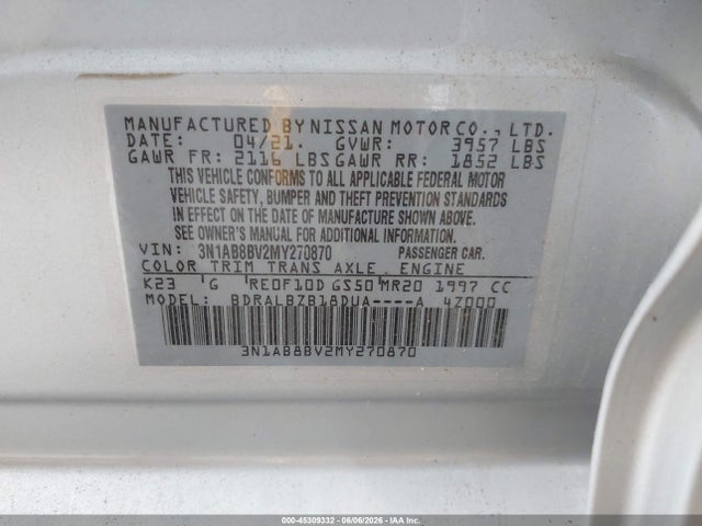3N1AB8BV2MY270870 Nissan Sentra S Xtronic Cvt