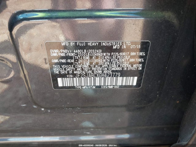 Subaru Forester 2.5i 2016 JF2SJABCXGH423779 Image 9