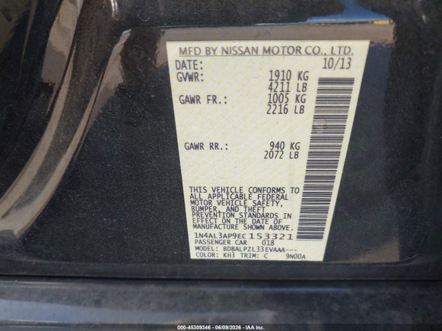 Продаж на аукціоні авто 2014 Nissan Altima 2.5, vin: 1N4AL3AP9EC153321, номер лоту: 45309346