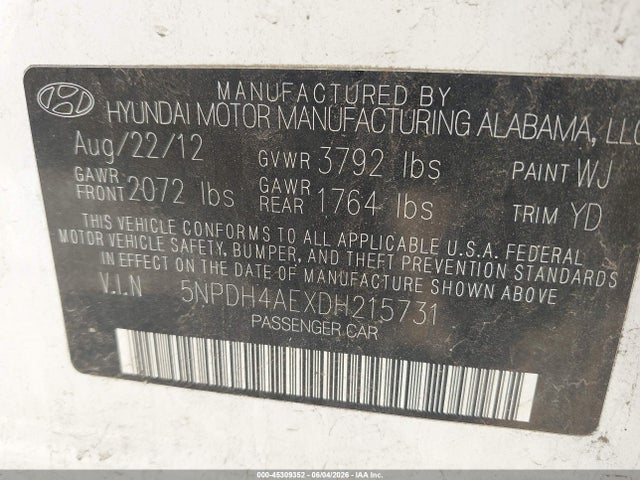 2013 Hyundai Elantra Gls მანქანა იყიდება აუქციონზე, vin: 5NPDH4AEXDH215731, აუქციონის ნომერი: 45309352