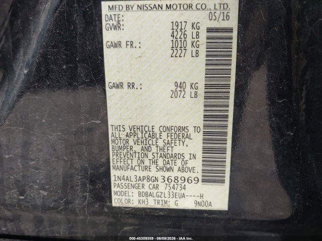 Aukcja sprzedaży 2016 Nissan Altima 2.5 S, vin: 1N4AL3AP8GN368969, numer aukcji: 45309359