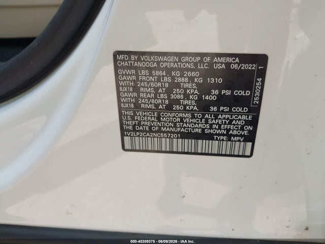 2022 Volkswagen Atlas 2.0t Se მანქანა იყიდება აუქციონზე, vin: 1V2LP2CA2NC557201, აუქციონის ნომერი: 45309375