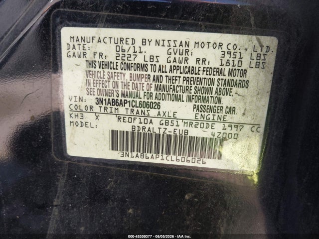 2012 Nissan Sentra 2.0 Sr მანქანა იყიდება აუქციონზე, vin: 3N1AB6AP1CL606026, აუქციონის ნომერი: 45309377