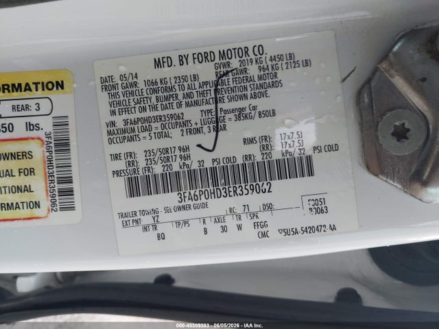 2014 Ford Fusion Se მანქანა იყიდება აუქციონზე, vin: 3FA6P0HD3ER359062, აუქციონის ნომერი: 45309383