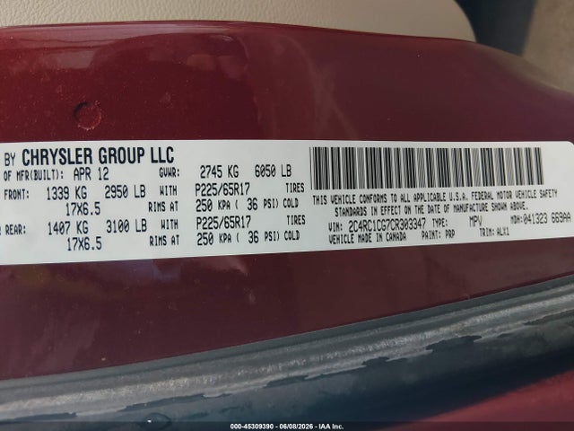 45309390 :رقم المزاد ، 2C4RC1CG7CR303347 vin ، 2012 Chrysler Town & Country Touring-l مزاد بيع