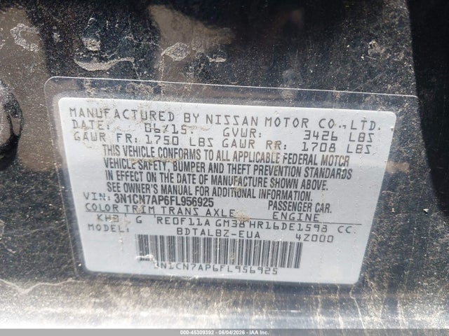 Продажа на аукционе авто 2015 Nissan Versa 1.6 Sv, vin: 3N1CN7AP6FL956925, номер лота: 45309392