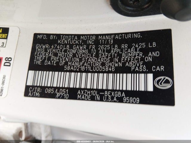 2020 Lexus Es 300h მანქანა იყიდება აუქციონზე, vin: 58AD21B11LU005846, აუქციონის ნომერი: 45309401