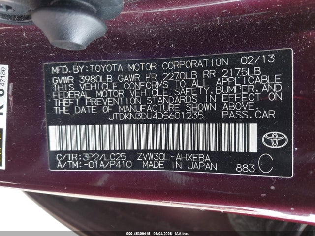 45309415 :رقم المزاد ، JTDKN3DU4D5601235 vin ، 2013 Toyota Prius Three Se مزاد بيع