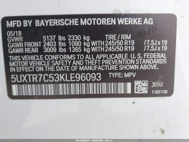 45309441 :رقم المزاد ، 5UXTR7C53KLE96093 vin ، 2019 Bmw X3 Sdrive30i مزاد بيع