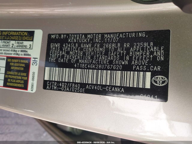 2008 Toyota Camry Le მანქანა იყიდება აუქციონზე, vin: 4T1BE46K28U767620, აუქციონის ნომერი: 45309436